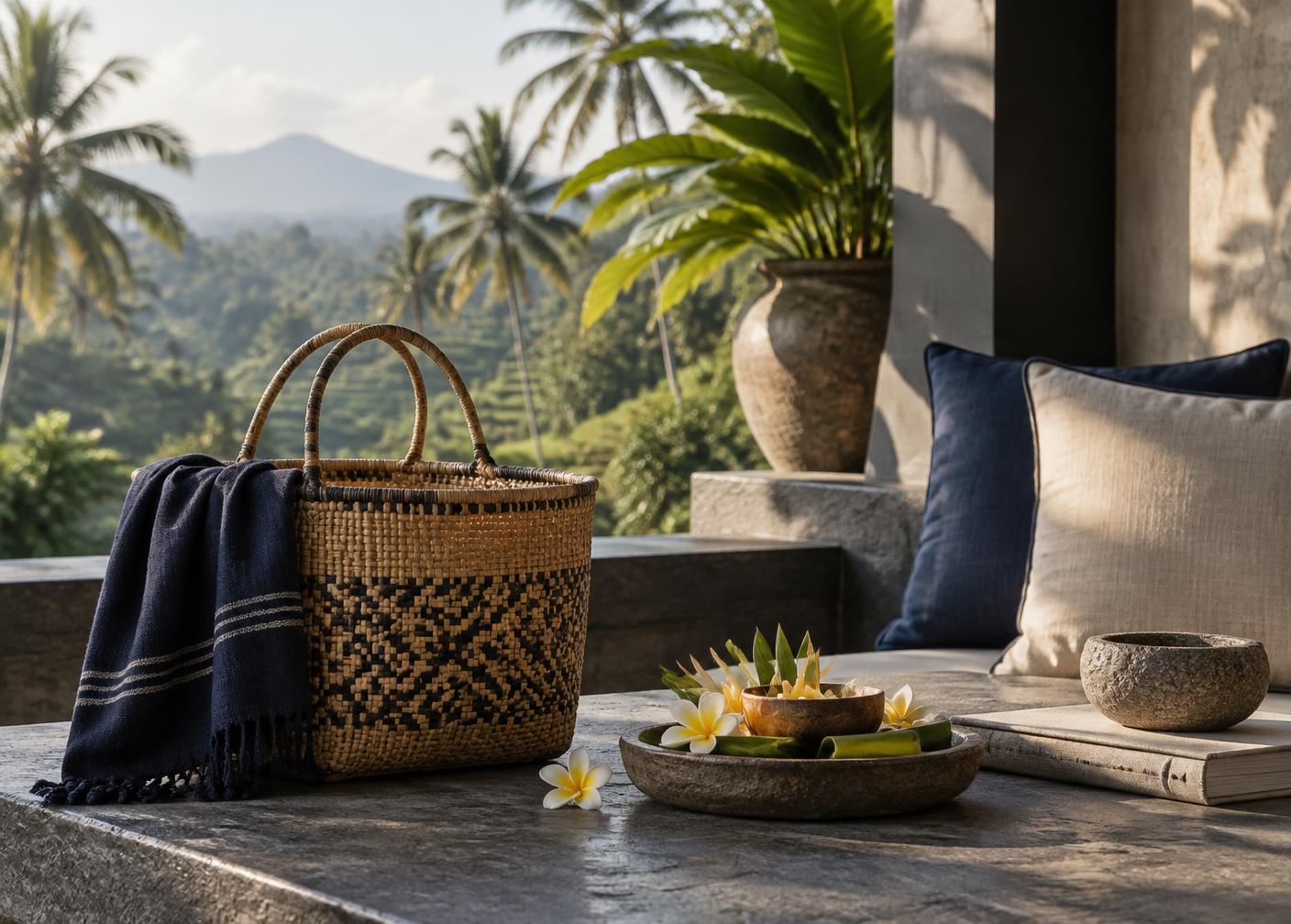 A woven travel basket and natural materials on a tropical terrace in Bali