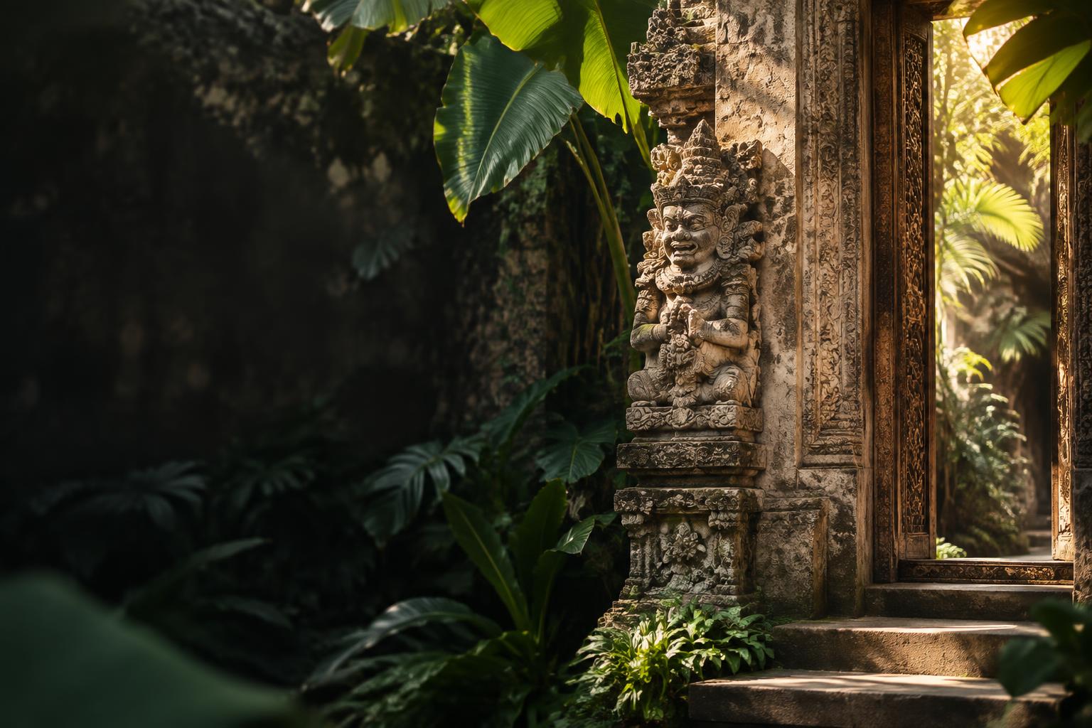 Traditional Balinese carved stone doorway surrounded by tropical foliage